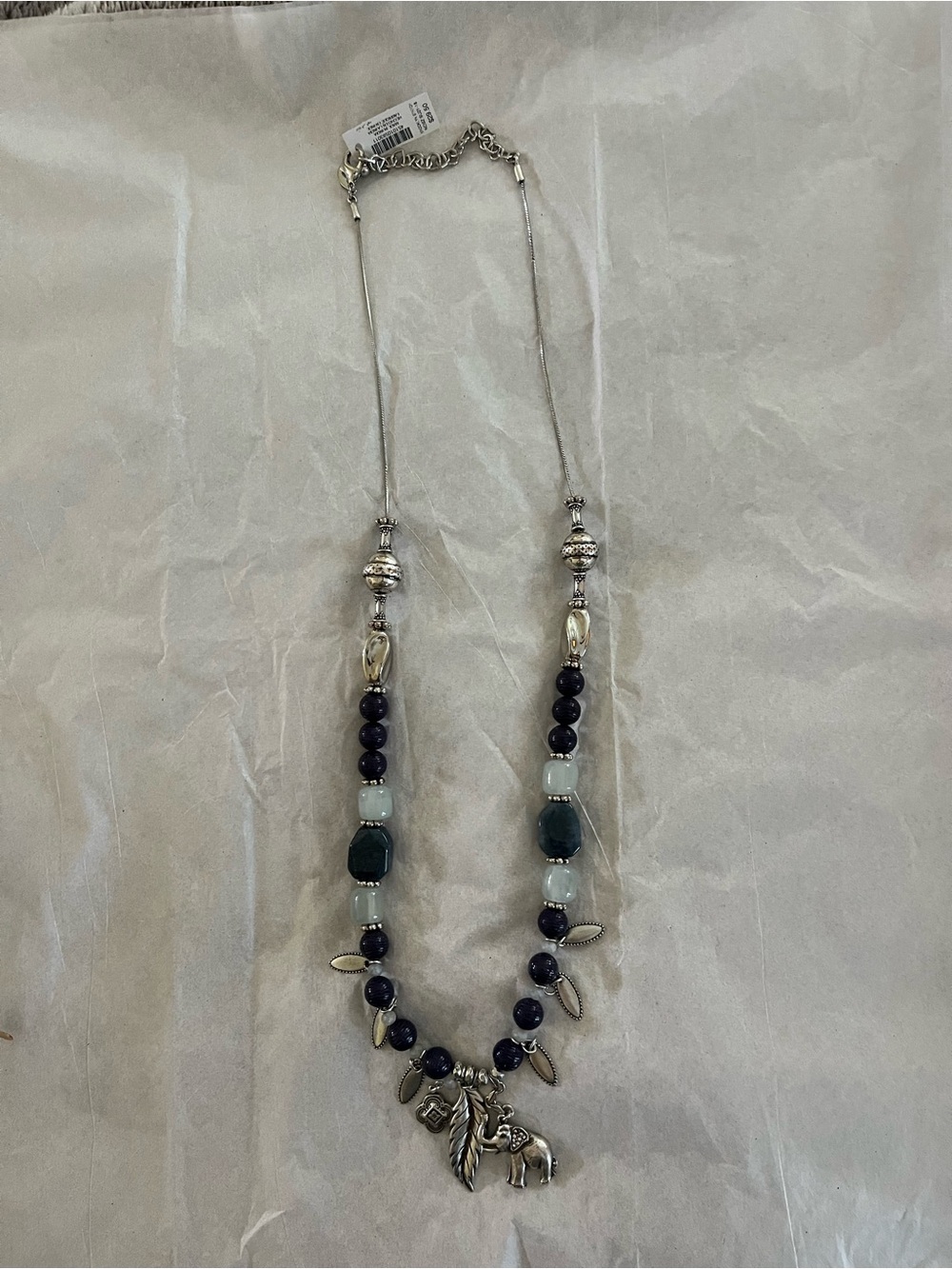 Chico’s Long Beaded Necklace - Silver & Dark Blue featuring 3 charms